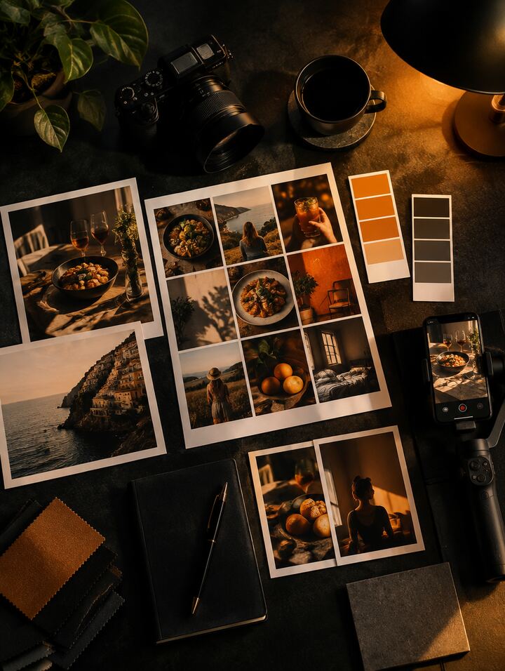 Meja kerja studio dengan layout feed Instagram, swatch warna oranye dan arang, kamera, dan iPhone di gimbal